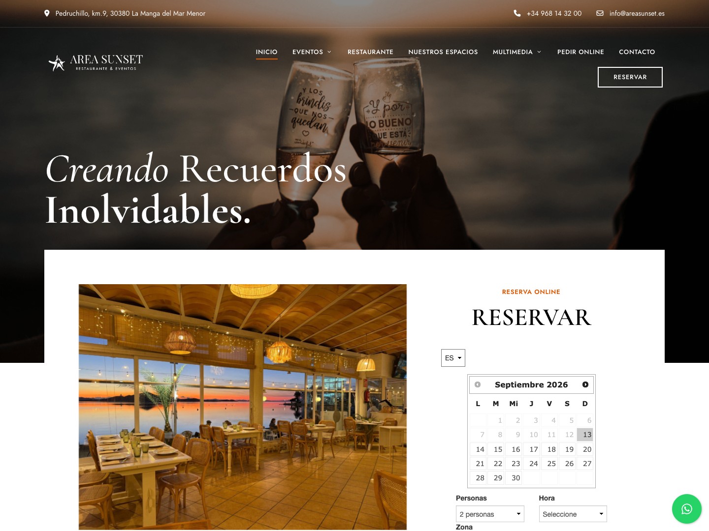 Captura real del diseño web de Area Sunset, con su navegación y página de inicio