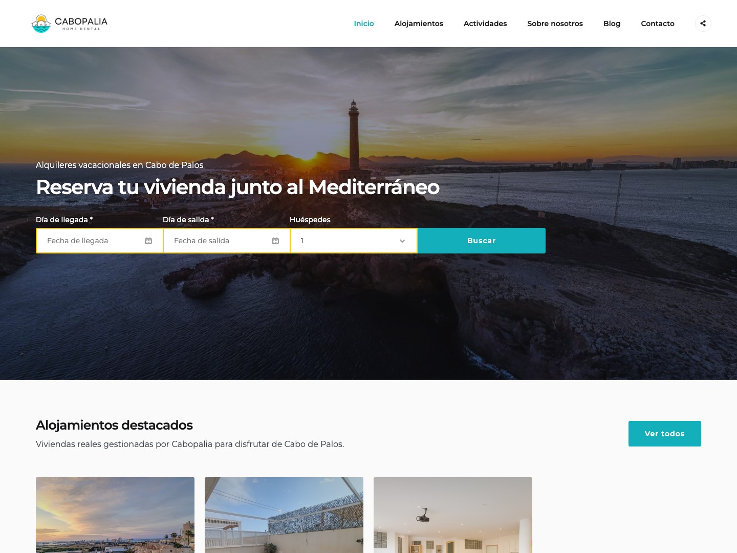Captura real del diseño web de Cabopalia, con su navegación y página de inicio
