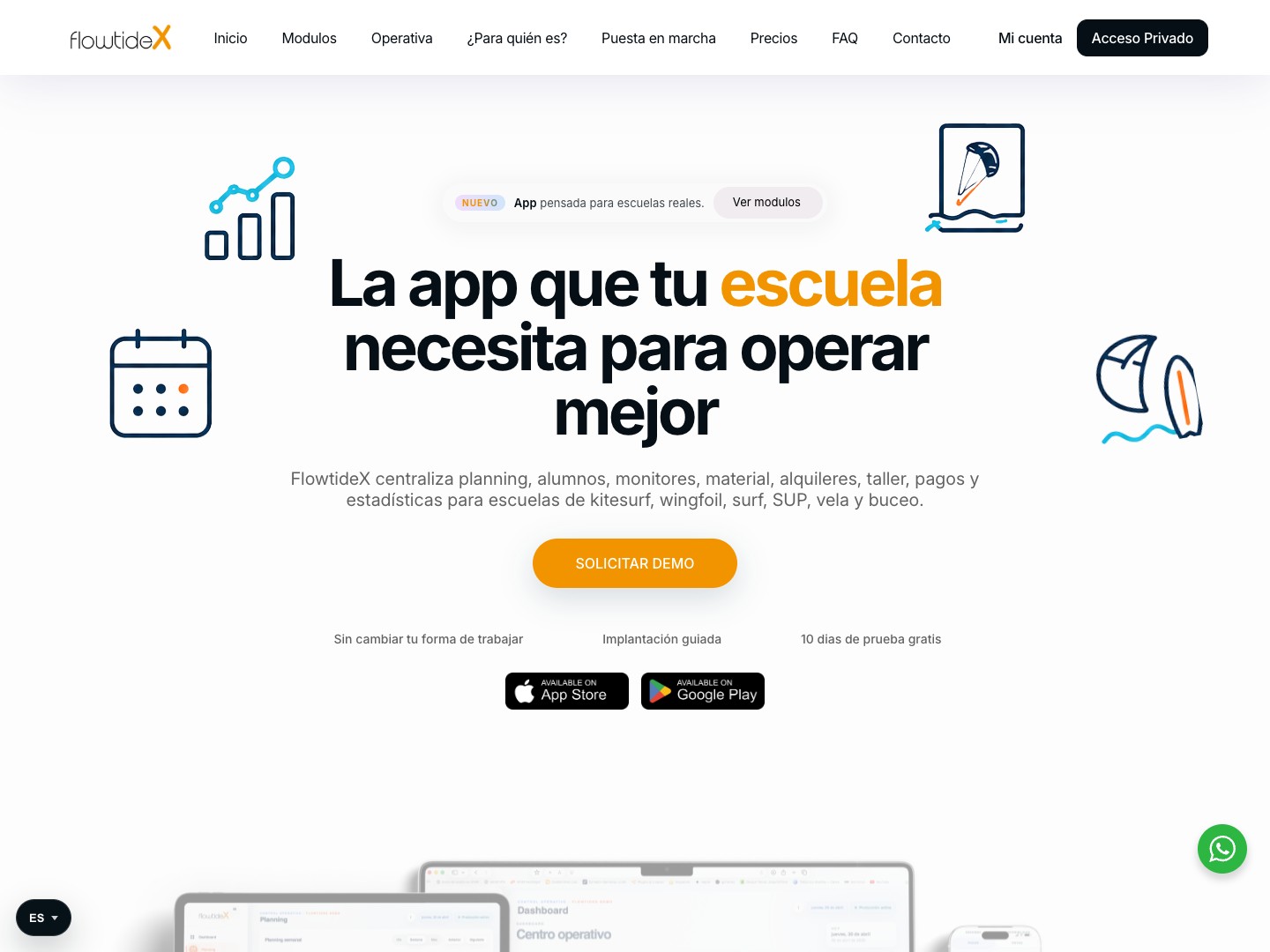 Captura real de la web de FlowtideX: navegación, presentación del software y pantallas de la aplicación