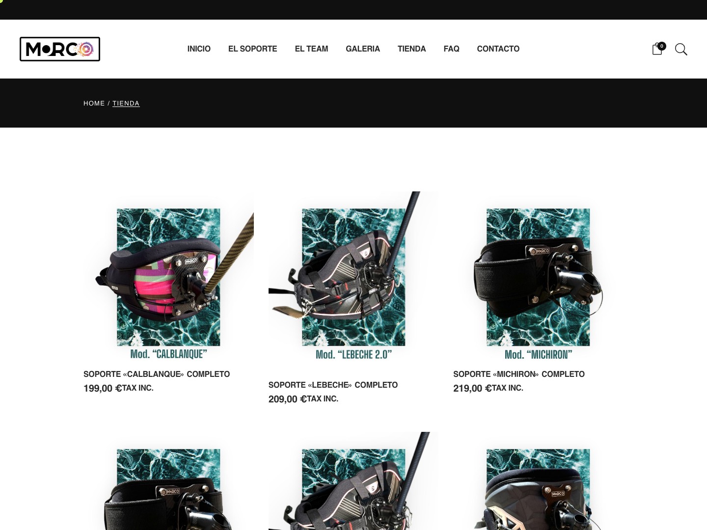 Captura real de la tienda online de Morco Water Sports, con navegación y catálogo