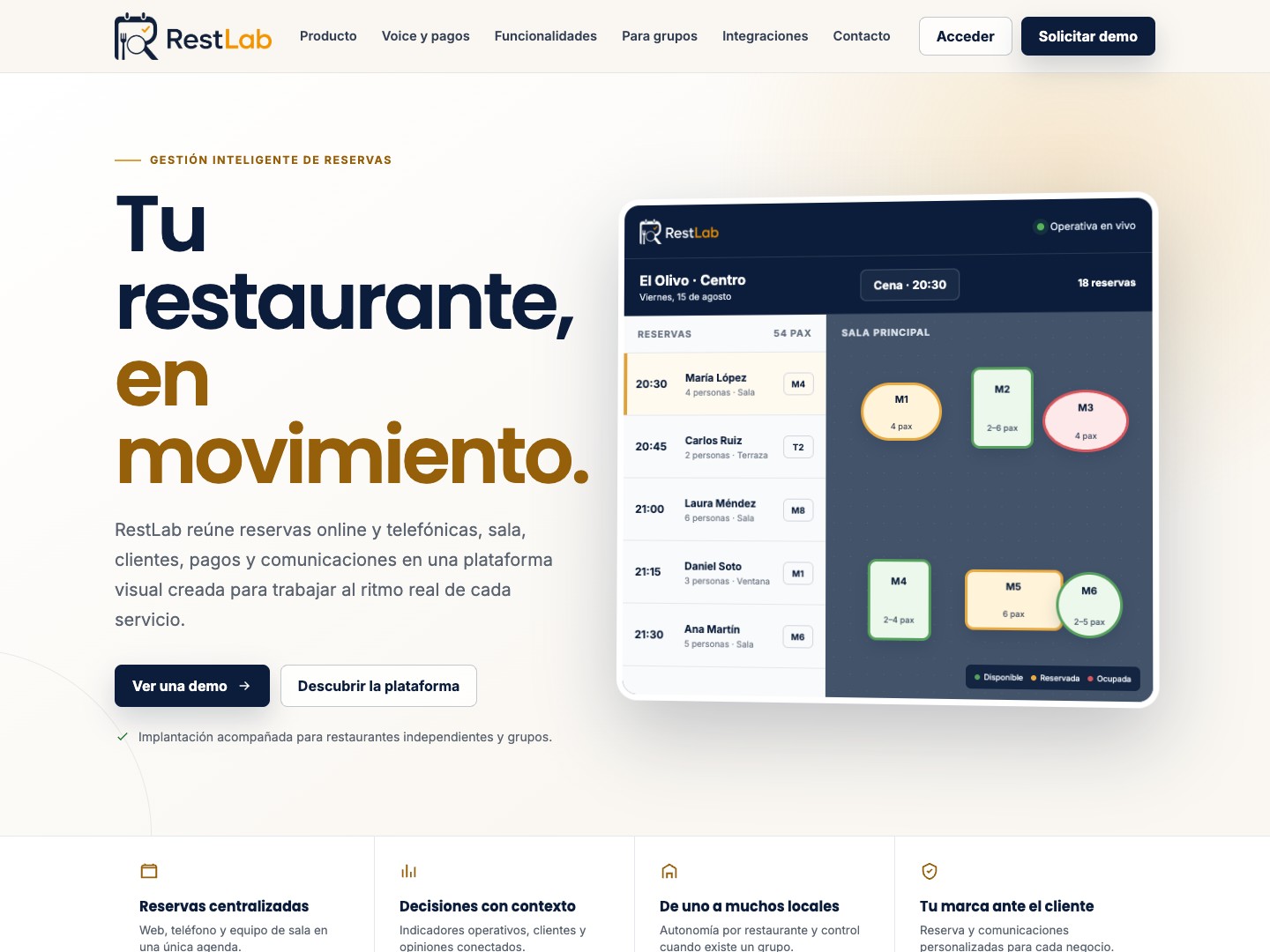 Captura real de la web de RestLab, con su presentación y vista de la plataforma de reservas